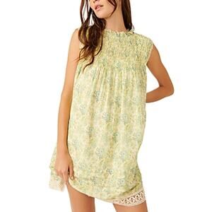Free People Shea Printed Mini Boho Feminine Peasant Cottage Dress Green S NWT